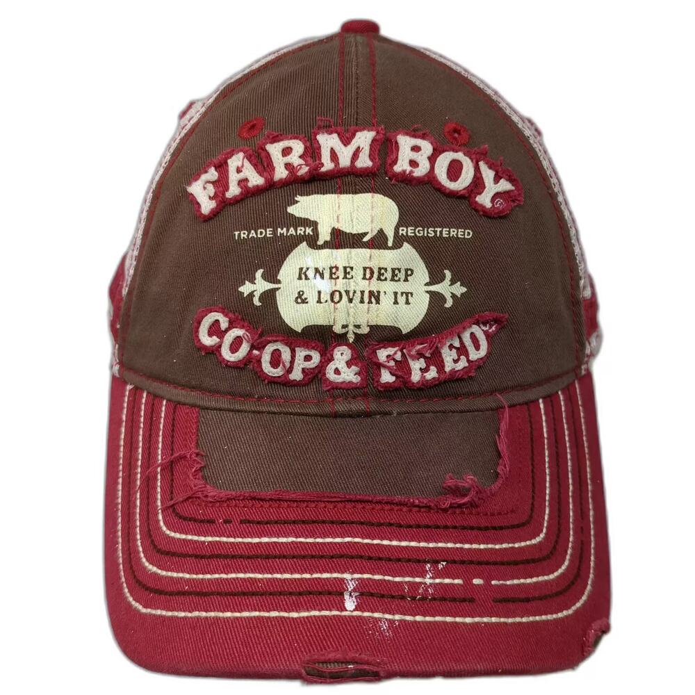 Farm Boy Baseball Cap Brown Red One Size Distressed Pig Co-op Feed Strapback Hat